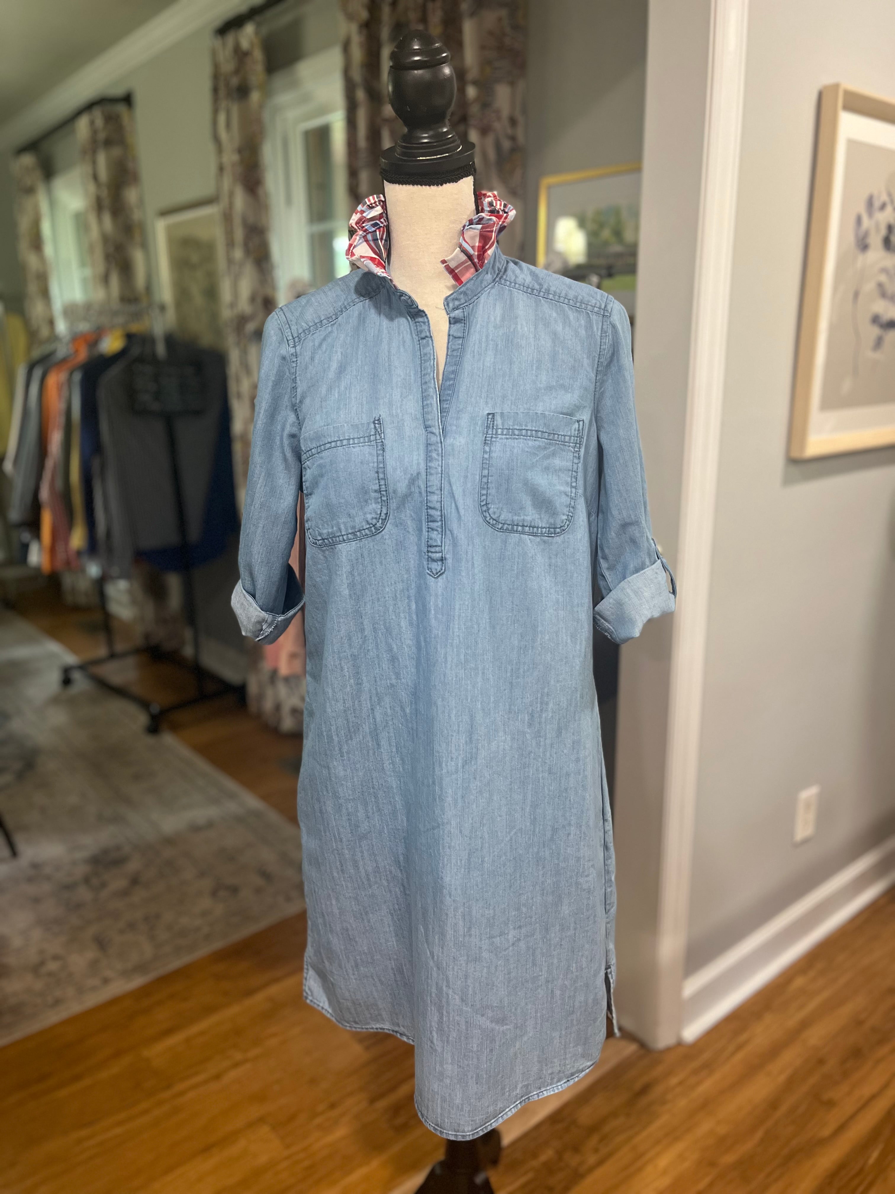 Denim Dress with Red, Blue and White Plaid Ruffle Collar- M