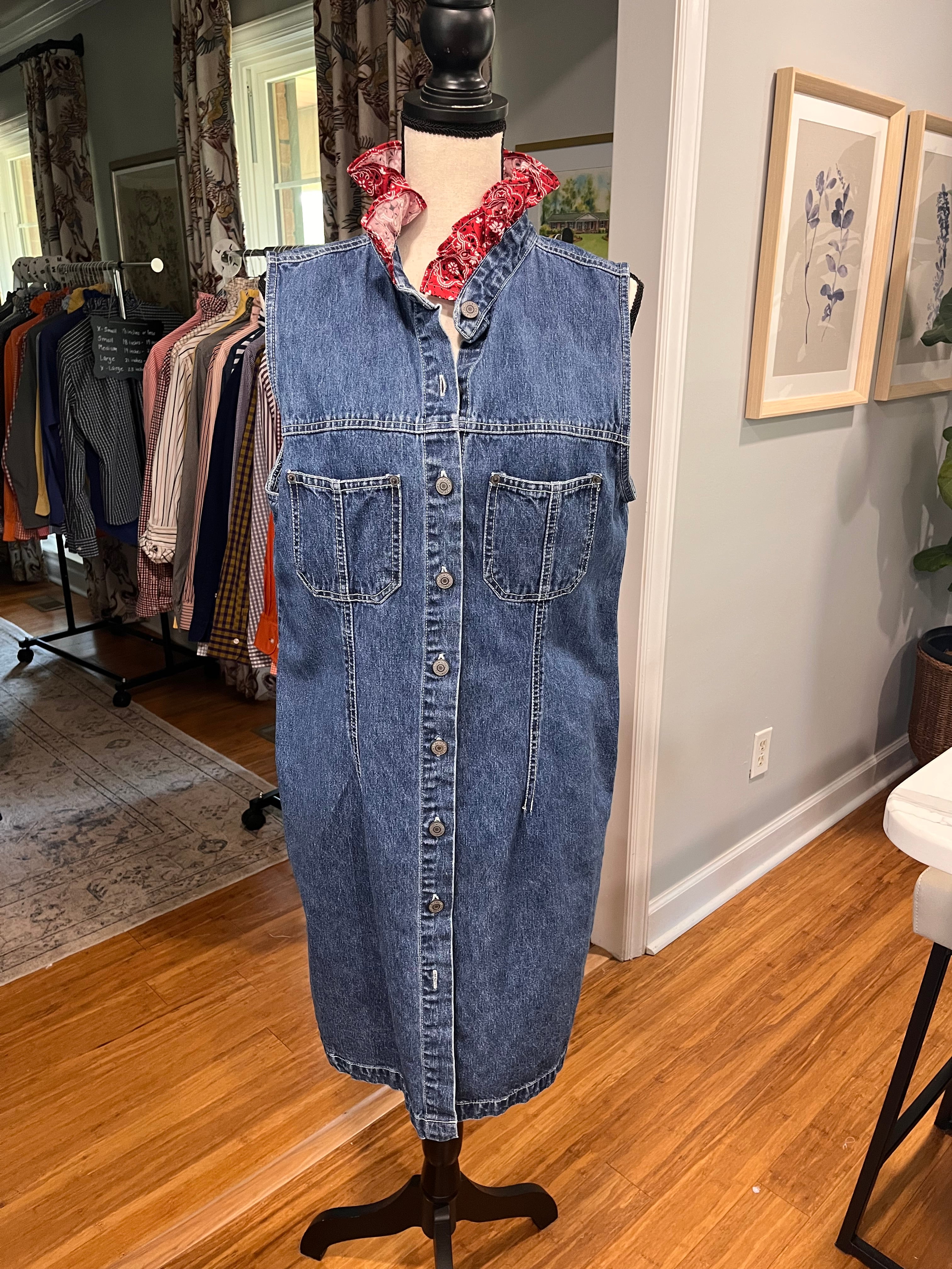 Sleeveless Denim Dress w/ Red Bandanna Collar - Large