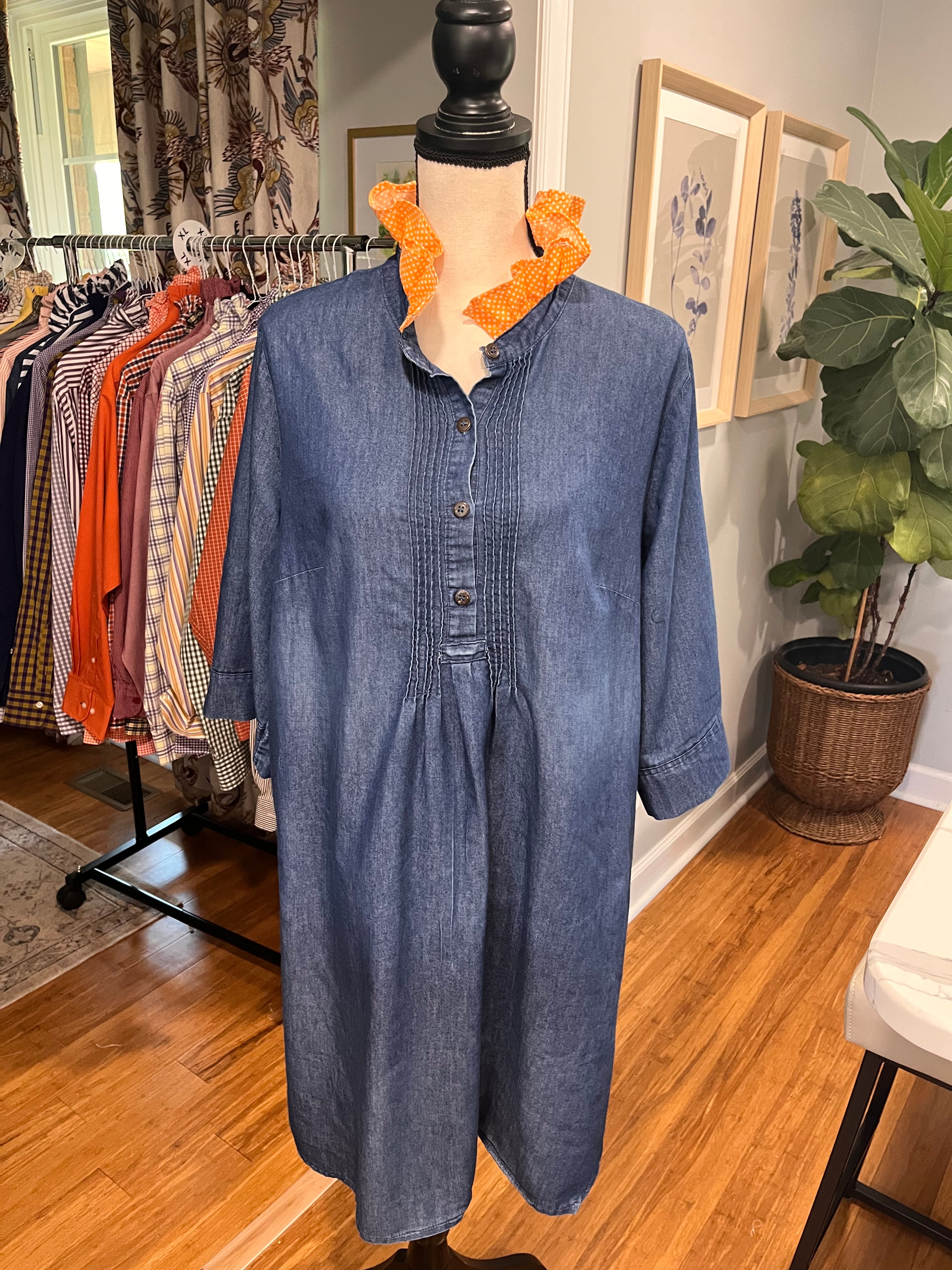 Denim Dress with Orange dot Collar- XL