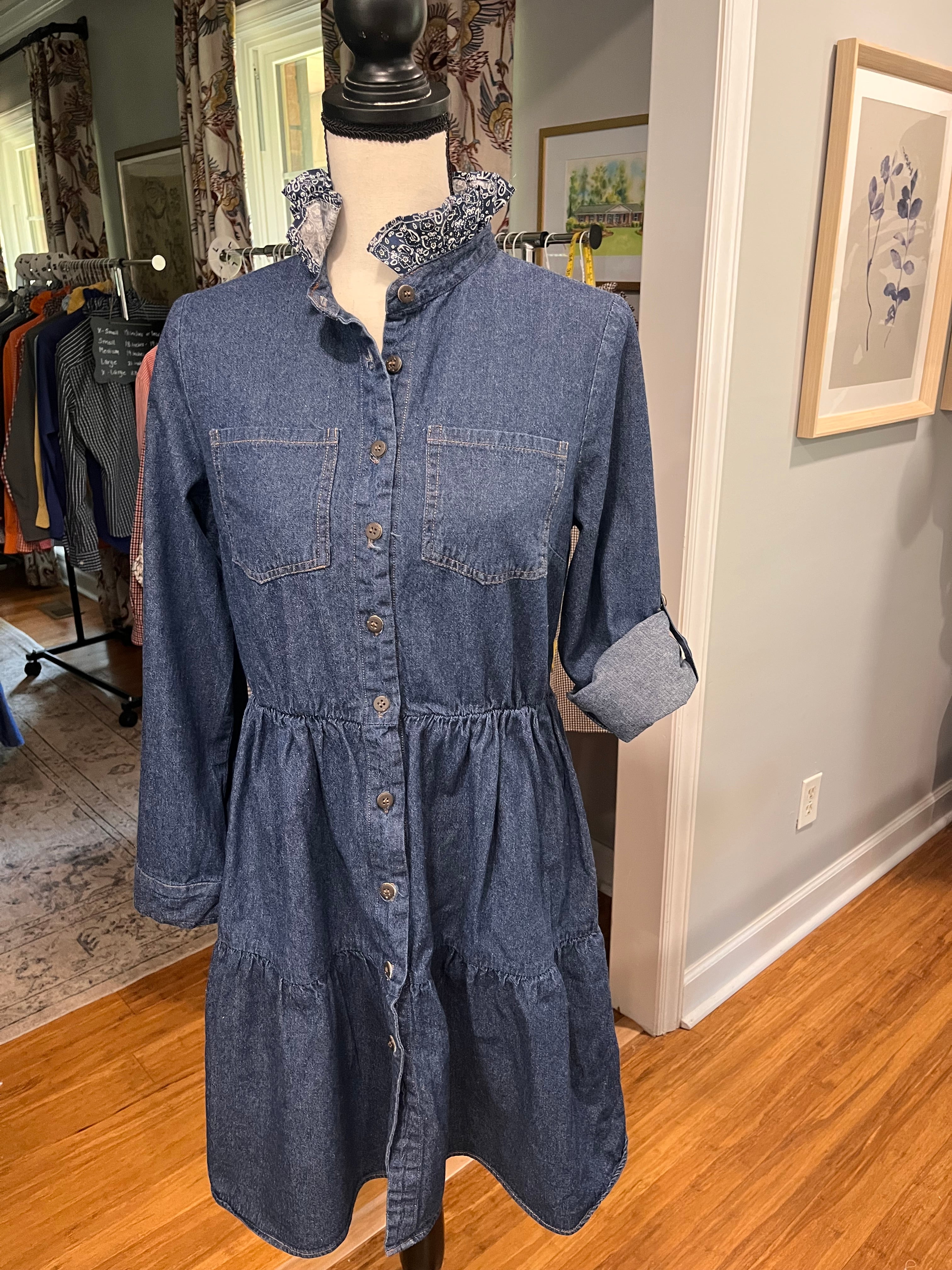 Long Sleeve Denim Dress with Navy Bandanna Ruffle Collar