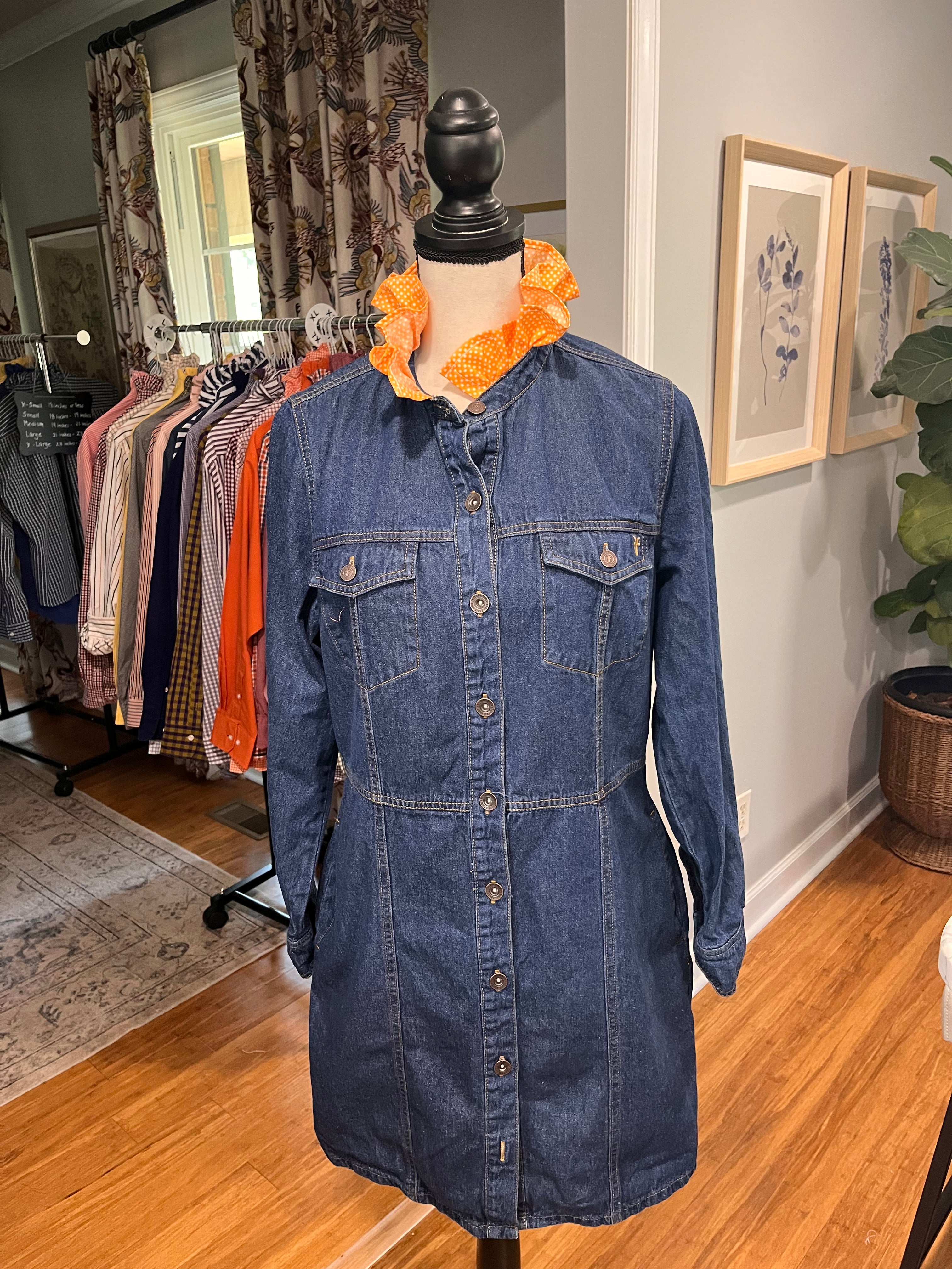 Frye Medium long sleeve dress with orange/white dot ruffle collar
